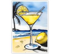 Tropical Lemon Cocktail Greeting Card - Beach Scene with Palm Tree & Sand - Summer Vibes- Large Size 5.8" x 8.3".