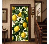 Tropical Lemon Door Wallpaper Peel and Stick, Removable Botanical Leaves Door Stick Decals for Living Room, Vintage Citrus Doors Wrap Vinyl for Old Doors Renovation and Furniture DIY 95x210 cm