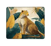 Tropical Leopard Desk Mouse Pad, Yellow Green Jungle Cat Art Stitched Edge Mousepad, Rubber Non-Slip Washable Gaming Mouse Pad for Home and Office Computer, Laptop Square 8x10 Inch