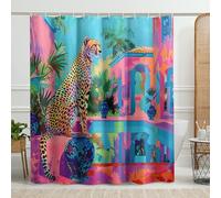 Tropical Leopard Shower Curtain, Vibrant Turquoise Peach Jungle Decorative Curtain for Spring Summer Bathroom Decor, Modern Artistic Fabric Shower Curtain Set with Hooks 72x78 Inch