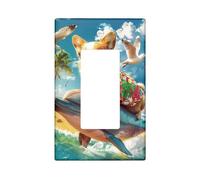 Tropical Light Switch Cover Plate, Blue Summer Paradise Single Rocker Wall Plates with Surfing Dog, Beach Decor, Standard Size Thermoplastic Plate Cover Single Rocker