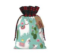 Tropical Llama Alpaca Cactus Flower Print Christmas Candy Bags,Holiday Party Color-Blocked Drawstring Bags,Drawstring Snack Bags