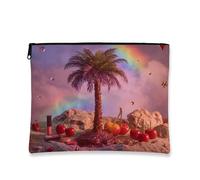 Tropical Makeup Bag, Cherries Paradise Fun Cosmetic Travel Pouch for Women, Portable Small Canvas Zipper Organizer, Summer Gift Skincare Toilet Bag, Peach, 7x9 Inch, Palm Tree