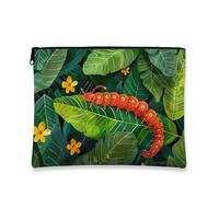 Tropical Makeup Bag, Colorful Caterpillar Floral Cosmetic Travel Pouch for Women, Portable Small Canvas Zipper Organizer, for Festivals, Green, 7x9 Inch, Caterpillar