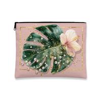 Tropical Makeup Bag, Green Leaves & Hibiscus Floral Cosmetic Travel Pouch for Women, Portable Small Canvas Zipper Organizer, Summer Beach Gift Toiletry Bag, Peach, 7x9 Inch