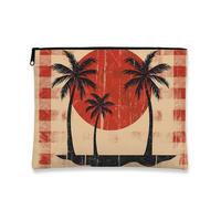 Tropical Makeup Bag, Palm Trees Vintage Cosmetic Travel Pouch for Women, Portable Small Canvas Zipper Organizer, Beach Gift Skincare Toiletry Bag, Red, 7x9 Inch