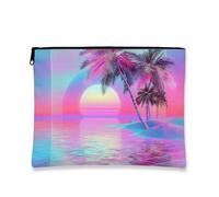 Tropical Makeup Bag, Retro Sunset Palm Trees Cosmetic Travel Bags for Women, Compact Small Canvas Zipper Pouch, Beach Holiday Gift Toiletry Organizer, Peach, 7x9 Inch, Palm Trees