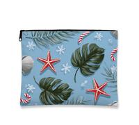 Tropical Makeup Bag, Stars and Leaves Cosmetic Travel Pouch for Women, Portable Small Canvas Zipper Organizer, Holiday Skincare Toiletry Bag, Blue, 7x9 Inch, Stars