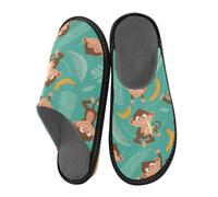 Tropical Monkey Banana Leaves Slippers for Men Women, Animal Palm Leaves Womens House Slippers Indoor Slipper Socks House Shoes Bedroom Travel Shoe Use