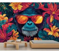 Tropical Monkey Wall Mural, Floral Botanical Mural, Monkey Wallpaper for Living Room Bedroom, Gorilla Wall Wallpaper - 300x210cm (Not Peel n' Stick)