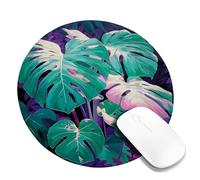 Tropical Monstera Leaves Desk Mouse Pad, Green Violet Floral Design Stitched Edge Mousepad, Rubber Non-Slip Washable Gaming Mouse Pad for Home and Office Computer, Laptop Round 8x8 Inch