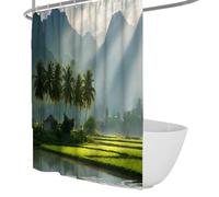 Tropical Mountain Landscape Shower Curtain with Sunlight Through Clouds and Rice Paddy Fields Waterproof Polyester Bathtub Curtain 200 x 200 cm