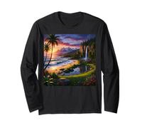 Tropical Mountain Sunset Waterfall Beach Nature Landscape Long Sleeve T-Shirt