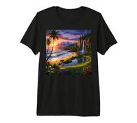 Tropical Mountain Sunset Waterfall Beach Nature Landscape Premium T-Shirt