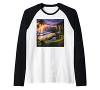 Tropical Mountain Sunset Waterfall Beach Nature Landscape Raglan Baseball Tee