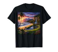 Tropical Mountain Sunset Waterfall Beach Nature Landscape T-Shirt
