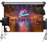 Tropical Neon Disco Party Polyester Backdrop 7x5FT - Let's Dance Outdoor Night Scene with Palm Trees, String Lights, and Crowd Silhouettes - Photography Background for Birthday, Prom, DJ Party, Events