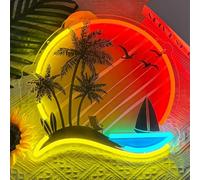 Tropical Neon Sign Dimmable Palm Tree Neon Light USB Powered Seaside Sunset Coconut Tree LED Neon Sign UV Printed Ocean Beach Wall Art Light Up Signs for Home, Bar,Beach Themed Party, Holiday Gift
