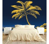 Tropical Night Beach Wallpaper, Navy Blue Non-Woven Palm Tree Wallpapers, 3D Retro Hand-Drawn Style Feature Wallpaper, Modern Minimalist for Bedroom Living Room TV 59" W x 39" H &A1990