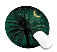 Tropical Night Sky Palm Tree Mouse Pad, Dark Green Starry Design Stitched Edge Mousepad, Non-Slip Washable Gaming Mouse Pad for Home and Office Computer, Laptop Round 8x8 Inch
