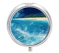 Tropical Ocean Beach Theme Pill Box Cute Round Small Pill Organizer Portable with 3 Compartments Travel Metal Pill Case for Pocket Or Purse Privacy Protecting Medicine Box
