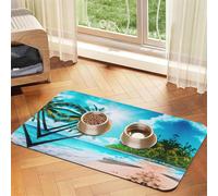 Tropical Ocean Beach Theme print Pet Food Mat Absorbent Non-Slip PU Leather Feeding Mat for Dogs Cats Pet Bowl Placemat
