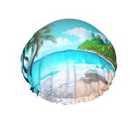 Tropical Ocean Beach Theme Print Reusable Shower Caps For Women, DoubleHair Cap,Adult Hair Cap For All Hair