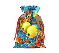 Tropical Ocean Sea Fish Print Festive Red Drawstring Bag, Small Favors Pouch Ideal For Christmas Party Gifting-S Size