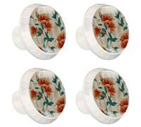 Tropical Orange Floral with Sage Green Stems Pattern Cabinet Knobs, 35mm Round Glass Knobs for Dressers and Drawers, Decorative Handles Pulls for Home Kitchen Bedroom, 4 Pack