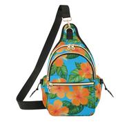 Tropical Orange Hibiscus Flowers Blue Crossbody Bag, Polyester Shoulder Sling Bag with Magnetic Front Pocket and Adjustable