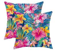 Tropical Outdoor Pillow Covers, Vibrant Peach Floral Design Waterproof Throw Pillows Case, Summer Garden Decor Cushion Covers for Patio Sofa Bench Chair 16x16 Inch