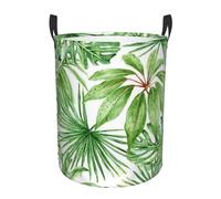 Tropical Palm Banana Leaves Round Single-Layer Laundry Hamper With Full Wrap Print, Water-Resistant Polyester Fabric For Home Car Storage