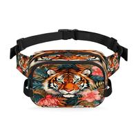 Tropical Palm Floral Tiger Fanny Pack for Women Men, Waterproof Waist Bag with Adjustable Strap Dual Zippers, Lightweight Crossbody Chest Bag for Running Hiking Sports