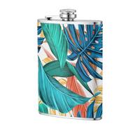 Tropical Palm Leaf Small Stainless Steel Rust-Proof And Leak-Proof Hip Flask With Delicate And Gentle Hand Feel, Sealed With Screw Cover And Durable, And Wrapped With Pu Leather Outside. 8oz Classic