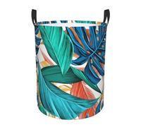 Tropical Palm Leaf Waterproof Polyester Fabric Single-Layer Laundry Hamper With Full Print Design,Sturdy Pe Rim,Dual Handles,For Home Car Storage