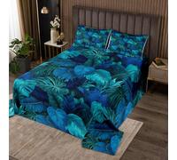 Tropical Palm Leaves Bedding Set,3D Teal Blue Natural Plants Bedspread for Kids Teens Adults,Wild Jungle Botanical Leaf Coverlet Set with 2 Pillowcases,Double Size 3 Pcs