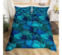 Tropical Palm Leaves Bedding Set,3D Teal Blue Natural Plants Duvet Cover for Kids Teens Adults,Wild Jungle Botanical Leaf Comforter Cover with 2 Pillowcases(No Comforter) Super King Size 3 Pcs