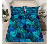 Tropical Palm Leaves Fitted Sheet,3D Teal Blue Natural Plants Bedding Set for Kids Teens Adults,Wild Jungle Botanical Leaf Bed Sheet with 2 Pillowcases(No Top Sheet),King Size 3 Pcs
