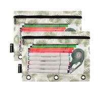 Tropical Palm Leaves Green 3 Ringed Pencil Pouch with Clear Window, 2Pack School Pencil Pouch Boys Kids School Supplies, 9.8″ × 7″ (One Size x 2)