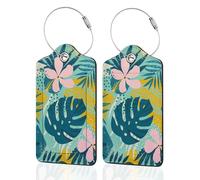 Tropical Palm Leaves Luggage Tags for Suitcases,2 Pack Luggage Tags,Leather Stainless Steel Loop Label Tag for Women Men Girls Travel Bag Suitcase