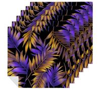 Tropical Palm Leaves Neon Yellow Purple Cloth Napkins Set of 6, Square Premium Reusable Washable Polyester Table Linen Napkin for Dinner Party