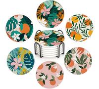 Tropical Palm Leaves Orange Floral Coasters Set of 6,Absorbent Ceramic Coasters with Cork Base,Round Coaster Mats for Cold Drinks & Mugs, Rustic Home Decor + Holder