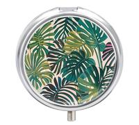 Tropical Palm Leaves Pill Box 3 Compartment Waterproof Pill Case with Mirror Portable for Purse Pocket Daily Medicine Vitamin Organizer Travel Med Container Holder for Fish Oil Supplements