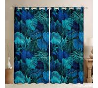 Tropical Palm Leaves Window Curtains 3D Teal Blue Natural Plants Window Drapes for Kids Teens Adults Wild Jungle Botanical Leaf Curtains for Living Room 2 Panels 66Wx72L