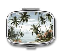 Tropical Palm Pill with 2 Compartments, Portable Medicine Pill Organizer or Wallet, Decorative Metal Medicine and Vitamins Organizer