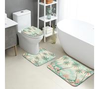 Tropical Palm Quick Dry Bath Mat, Coastal Beach Pattern Absorbent Non Slip Shower Mat, Summer Decorative Flannel Washable Bath Rugs for Bathroom Toilet Restroom 3 Piece Sets
