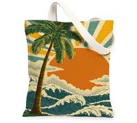 Tropical Palm Tree Canvas Tote Bags, Sunset Ocean Design Reusable Bags, Summer Lightweight Washable Canvas for Travel Beach, Orange, 13x15 Inch