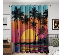 Tropical Palm Tree Curtains for Bedroom 46x90, Retro Synthwave Sunset Curtains Blackout Living Room Home Decor, Printed Window Eyelet Drapes 90 Inch Drop 2 Panels Y235