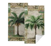 Tropical Palm Tree Hand Towels Set of 2 Summer Vintage Green Leaves Kitchen Towels Hawaii Jungle Plant Tree Bath Towel Botanical Monstera Dish Towels Soft Absorbent Fingertip Towel for Bathroom