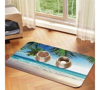 Tropical Palm Tree Hawaii Beach Patterned Pet Feeding Mat with Water-Absorbing PU Top & Rubber Base - Anti-Slip Dog Cat Food Mat for Cats, Dogs & Pets, 40x60cm